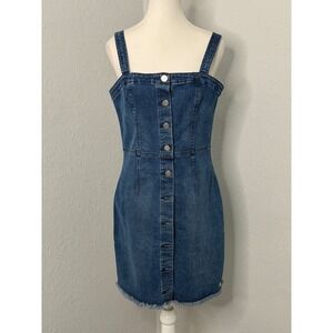 Volcom Denim Mini Dress Blue Button Front Raw Hem Sleeveless‎ Medium Wash Size L
